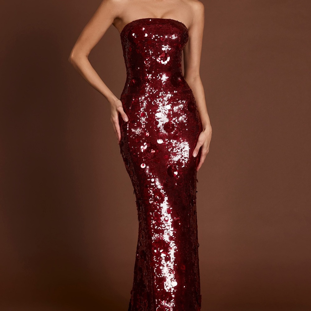 Oh Polly 3D Embellished Bandeau Maxi Dress in Red 4